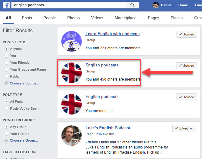 By clicking on the picture you can join the facebook group called English podcasts. Daniel Goodson is the creator of this English learning basesd group. The Goal is to share your top podcasts resource to other leaerners and discuss topics.
